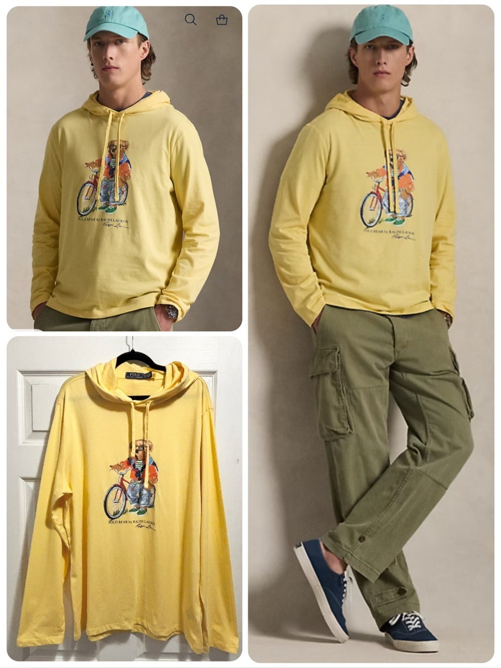 Polo Ralph Lauren Polo Bear Hooded Long Sleeve T-Shirt Yellow Size XL Like New